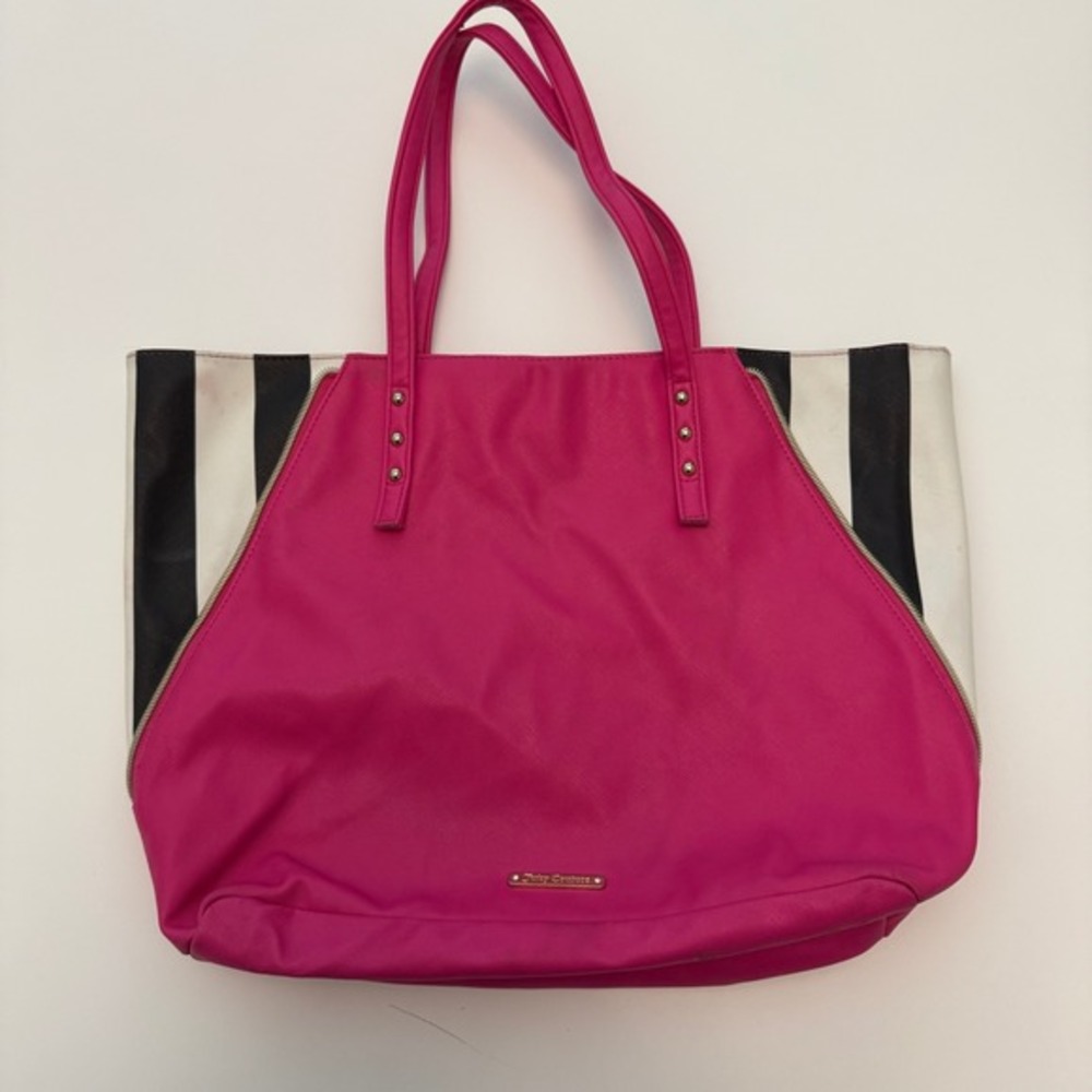 Juicy Couture Striped Saffiano Pink‎ Faux Leather Tote Bag Womens Large